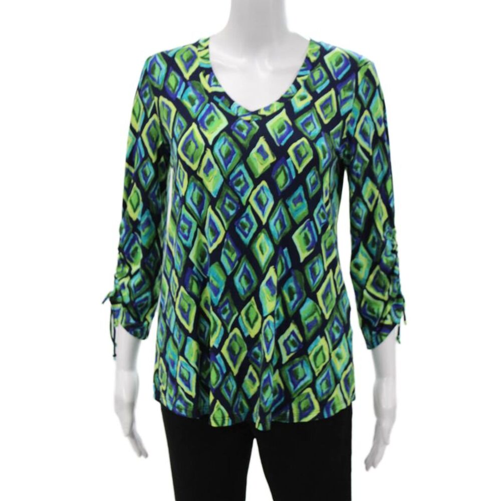 Pure Essence Women Tunic Blouse Multicolor V-Neck Argyle 3/4 Sleeve Size XS
